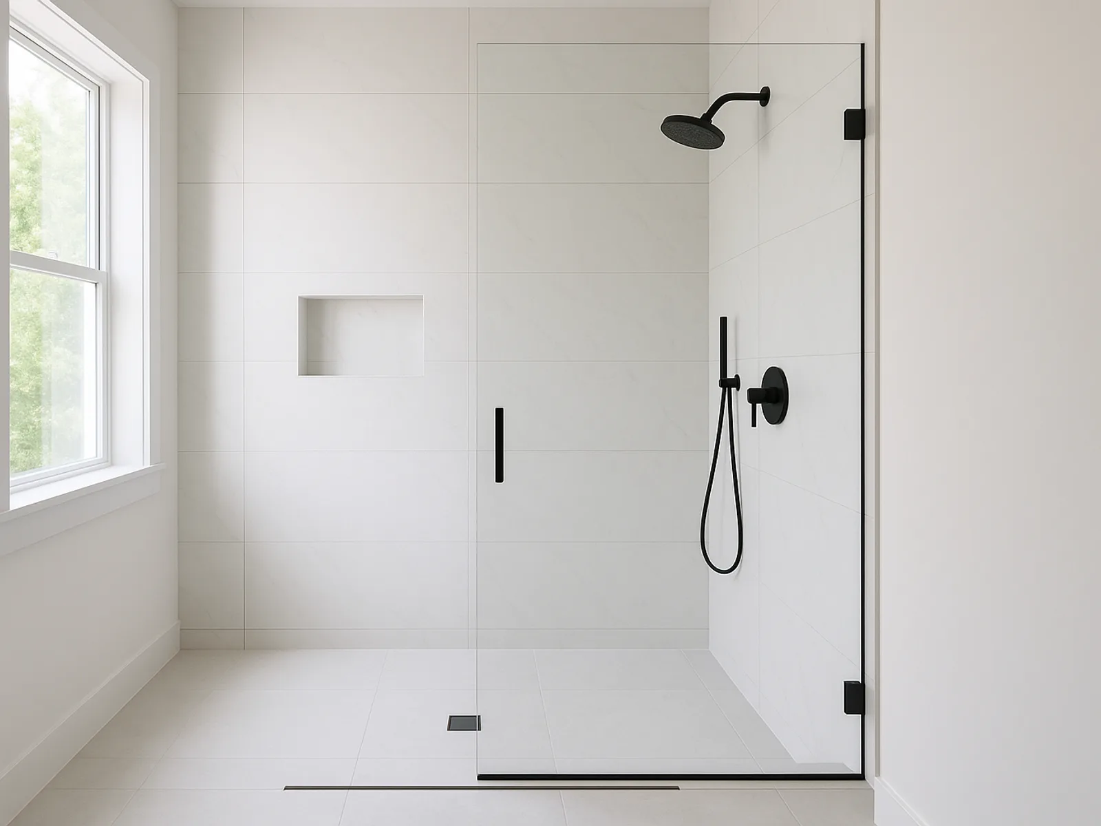 A remodeled walk-in shower in white large-format tile with a glass panel.