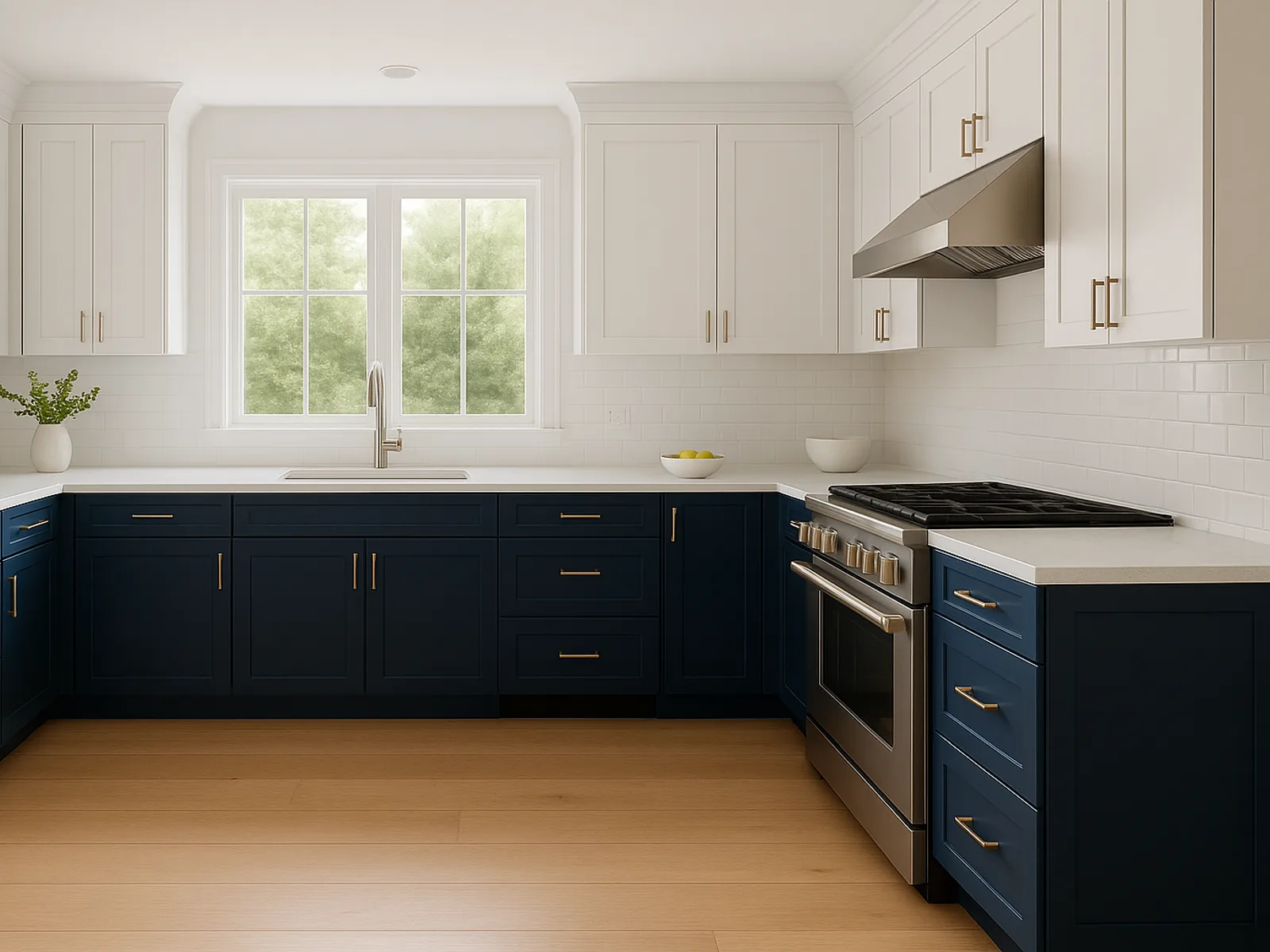 A remodeled kitchen with a navy island, white quartz counters, and oak floors.