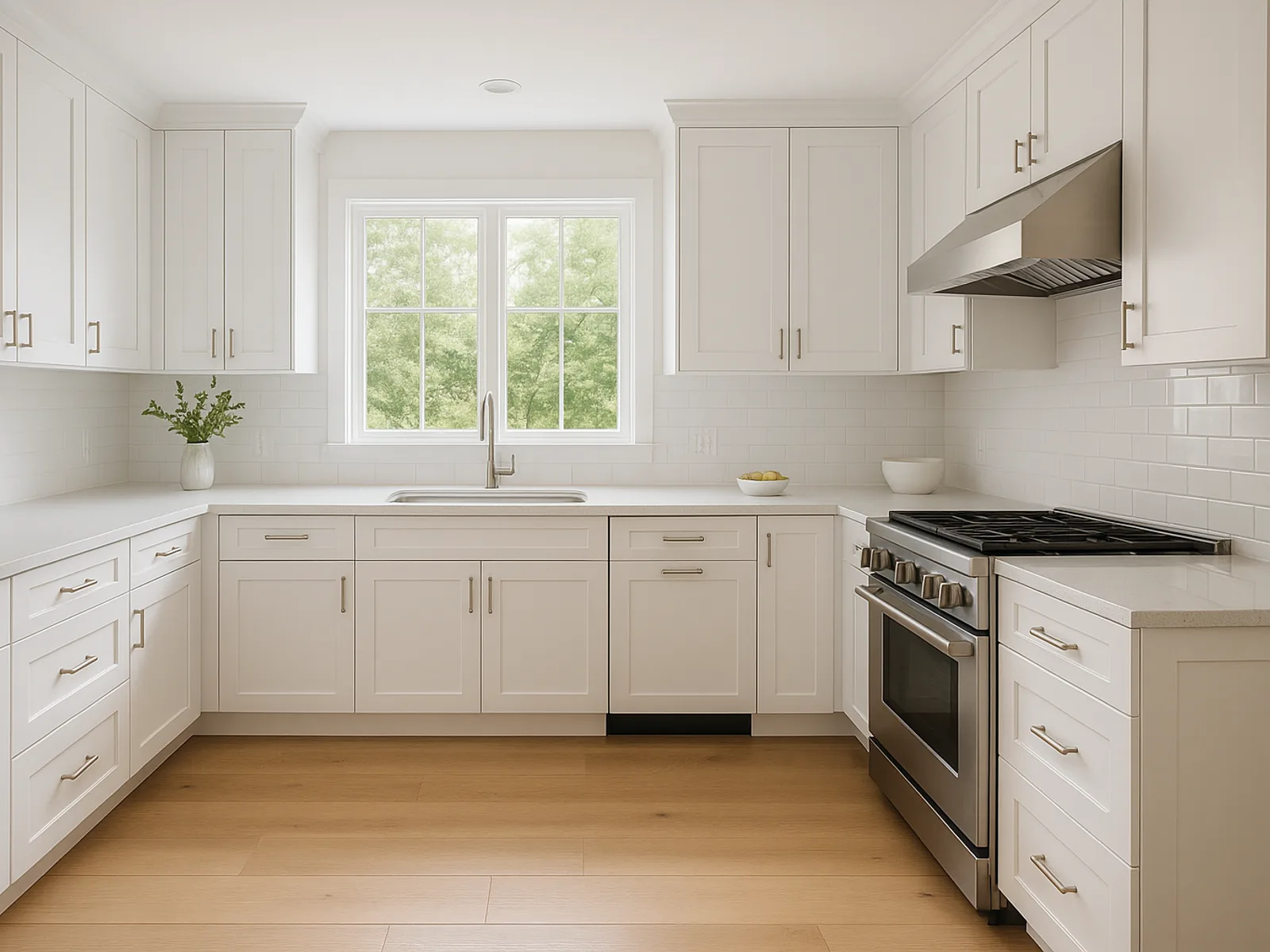 A bright remodeled kitchen with white shaker cabinets and quartz countertops.